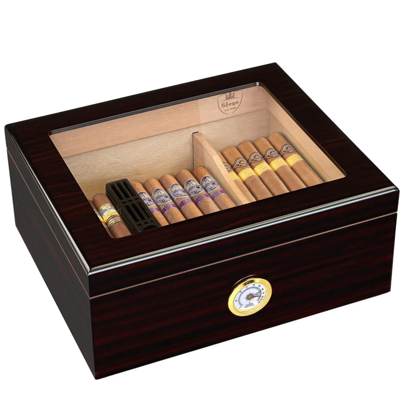 Humidor Cigar Box for Cuban Cigars Glass-Top Humidor Spanish Cedar-Cigar Case Humidifier Divider Hygrometer Mens Gift Cigar Accessories(30-50 Cigars)